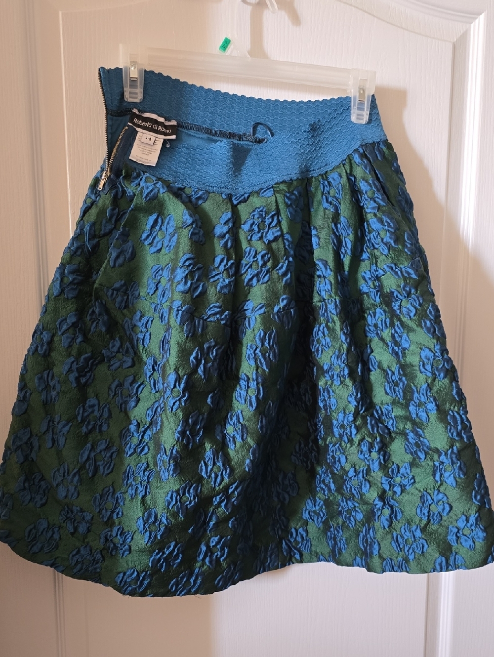 Roberta Di ROMA Green A-Line Skirt with Blue Floral Jacquard